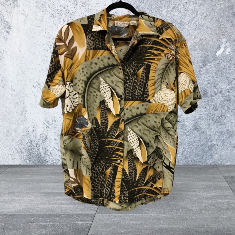 Vtg Le Caviar tropical shells trees leaves oversized button down blouse women’s
